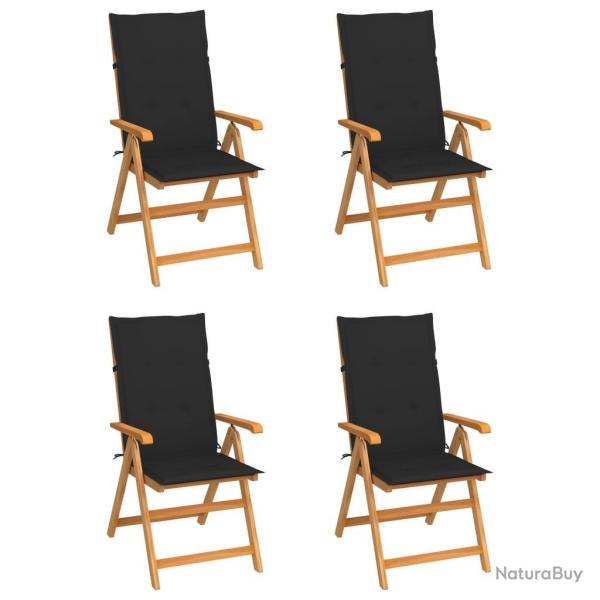 Chaises de jardin lot de 4 avec coussins noir Bois teck solide