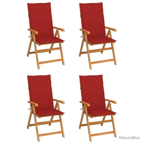 Chaises de jardin lot de 4 avec coussins rouge Bois teck massif