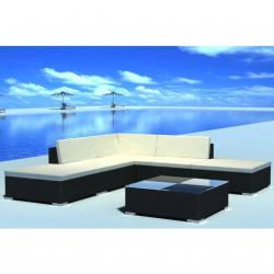 Salon de jardin 6 pcs avec coussins r&eacute;sine tress&eacute;e noir
