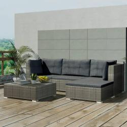 Salon de jardin 5 pcs avec coussins r&eacute;sine tress&eacute;e gris
