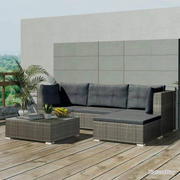 Salon de jardin 5 pcs avec coussins r�sine tress�e gris