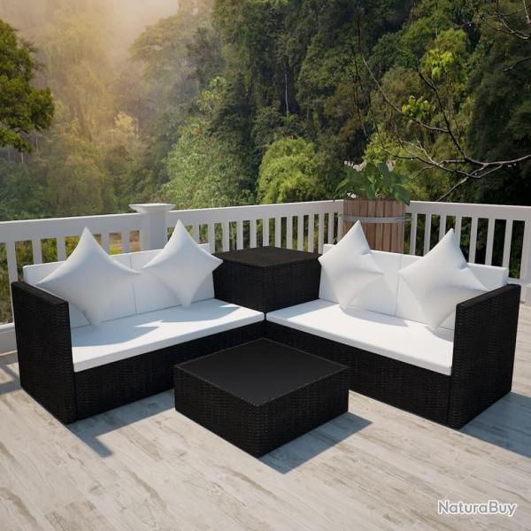 Salon de jardin 4 pcs avec coussins R�sine tress�e Noir