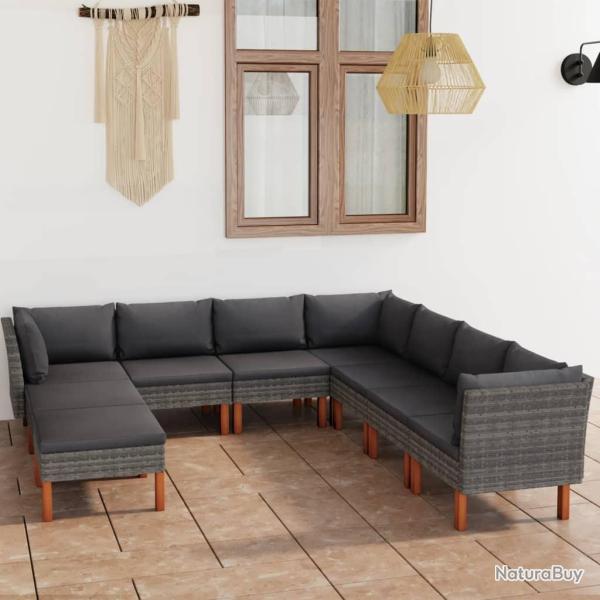 Salon de jardin 9 pcs avec coussins R�sine tress�e Gris