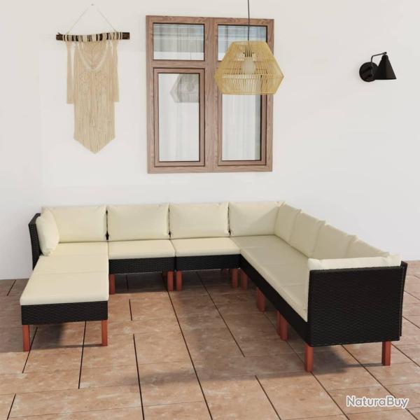 Salon de jardin 9 pcs avec coussins R�sine tress�e Noir