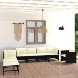 Salon de jardin 8 pcs avec coussins R&eacute;sine tress&eacute;e Noir