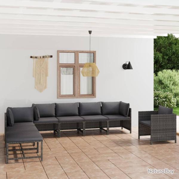 Salon de jardin 8 pcs avec coussins R�sine tress�e Gris