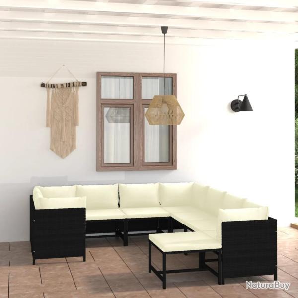 Salon de jardin 9 pcs avec coussins R�sine tress�e Noir