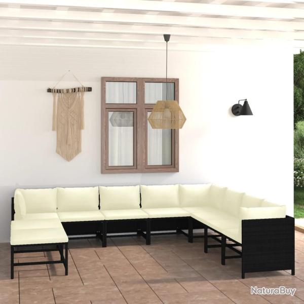 Salon de jardin 9 pcs avec coussins R�sine tress�e Noir