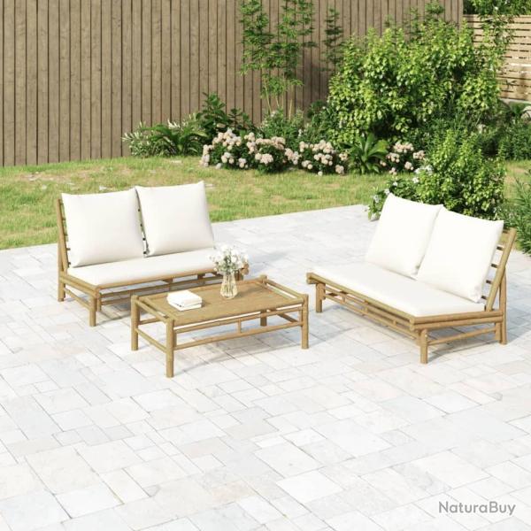 Salon de jardin 2 pcs avec coussins blanc cr�me bambou