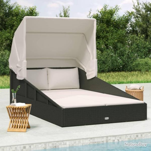 Transat avec toit pliable noir 200x114x128 cm r�sine tress�e