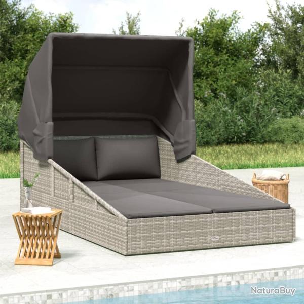 Transat avec toit pliable gris 200x114x128 cm r�sine tress�e