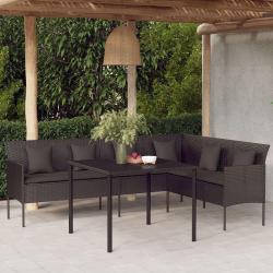 Canap&eacute; de jardin en forme de L et coussins noir r&eacute;sine tress&eacute;e