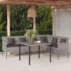 Canap&eacute; de jardin en forme de L et coussins gris r&eacute;sine tress&eacute;e