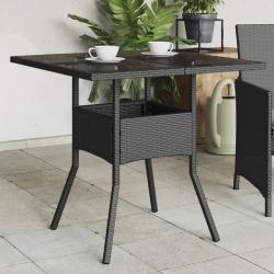 Table de jardin dessus en verre noir 80x80x75 cm r&eacute;sine tress&eacute;e