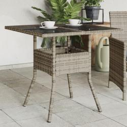 Table de jardin dessus en verre gris 80x80x75 cm r&eacute;sine tress&eacute;e