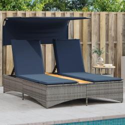 Chaise longue double avec auvent et coussins en polyrotin gris