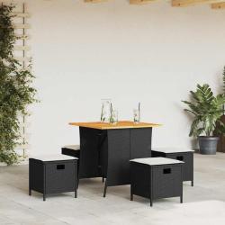 Ensemble &agrave; manger de jardin coussins 5pcs noir r&eacute;sine tress&eacute;e