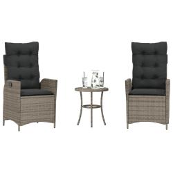 Ensemble de bistro 3 pcs avec coussins gris r&eacute;sine tress&eacute;e