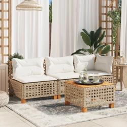 Canap&eacute; de jardin avec coussins 3 places beige r&eacute;sine tress&eacute;e