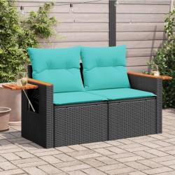 Canap&eacute; de jardin avec coussins 2 places en r&eacute;sine tress&eacute;e noire