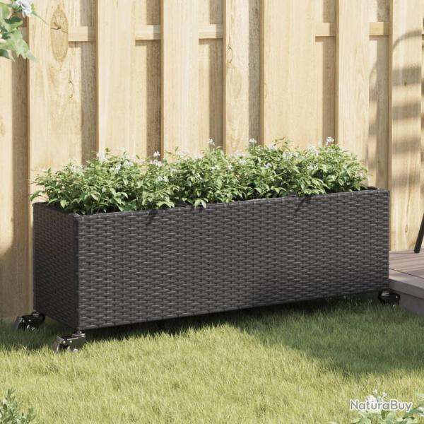 Jardini�re avec roulettes et 3 pots noir 107x32x38 cm rotin