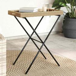 Table &agrave; plateau pliable beige 65x40x75 cm r&eacute;sine tress&eacute;e