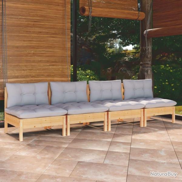 Canap� 4 places de jardin et coussins gris Bois de pin solide