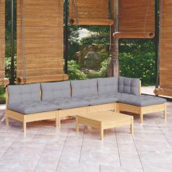 Salon de jardin 6 pcs avec coussins gris bois de pin