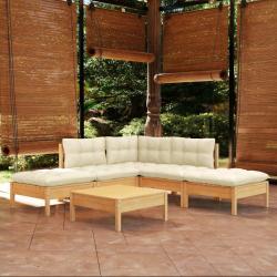 Salon de jardin 6 pcs avec coussins cr&egrave;me bois de pin