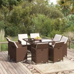 Ensemble &agrave; manger de jardin et coussins 9 pcs Poly rotin Marron