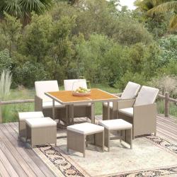 Ensemble &agrave; manger de jardin et coussins 9 pcs Poly rotin Beige