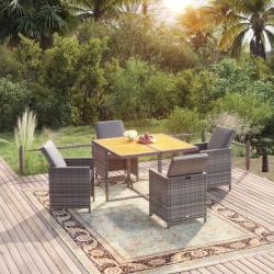 Ensemble &agrave; manger de jardin coussins 5pcs R&eacute;sine tress&eacute;e Gris