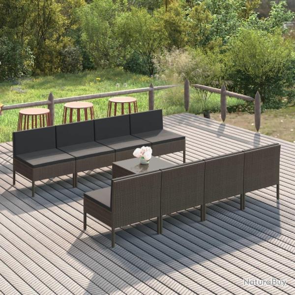 Salon de jardin 9 pcs avec coussins R�sine tress�e Gris