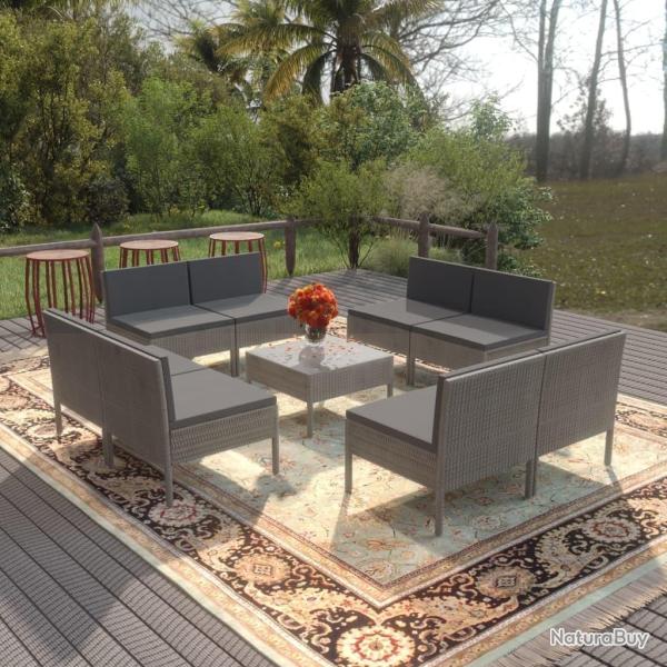 Salon de jardin 9 pcs avec coussins R�sine tress�e Gris