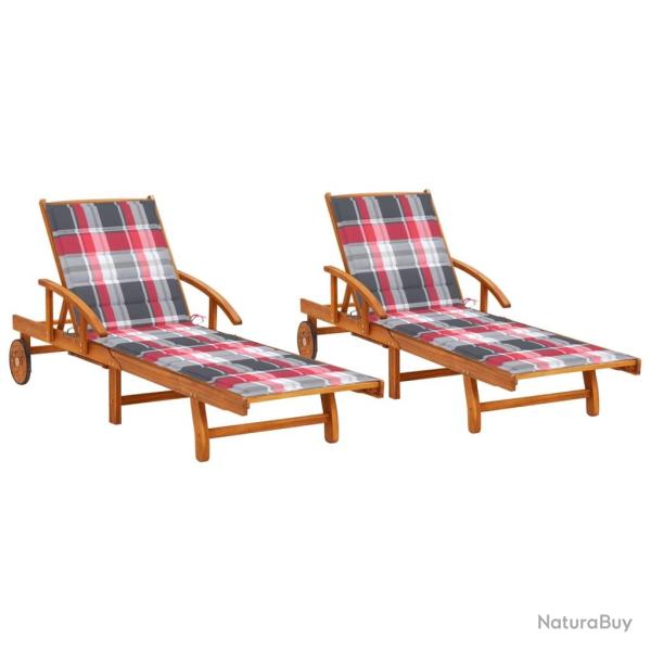 Chaises longues lot de 2 avec coussins Bois d'acacia solide