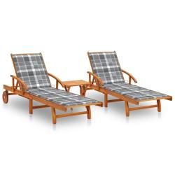 Chaises longues lot de 2 avec table et coussins Acacia solide