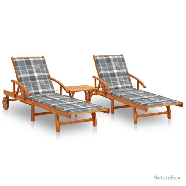 Chaises longues lot de 2 avec table et coussins Acacia solide