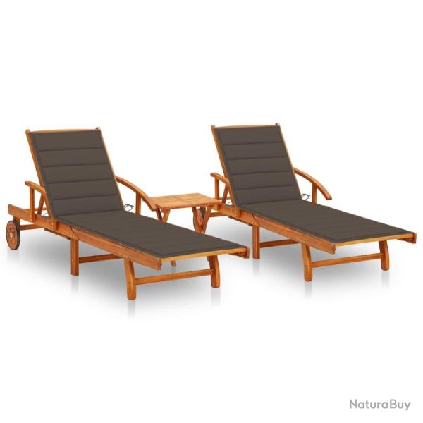 Chaises longues lot de 2 avec table et coussins Acacia solide