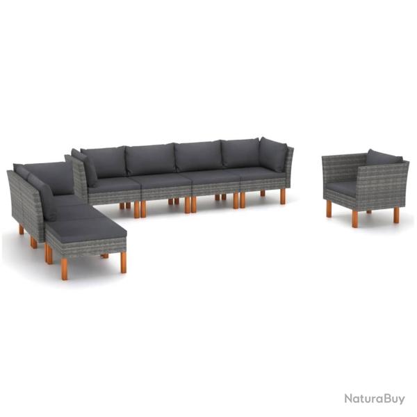 Salon de jardin 8 pcs R�sine tress�e et bois d'eucalyptus Gris