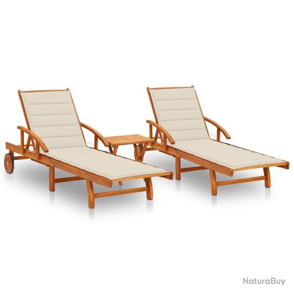Chaises longues lot de 2 avec table et coussins Acacia solide