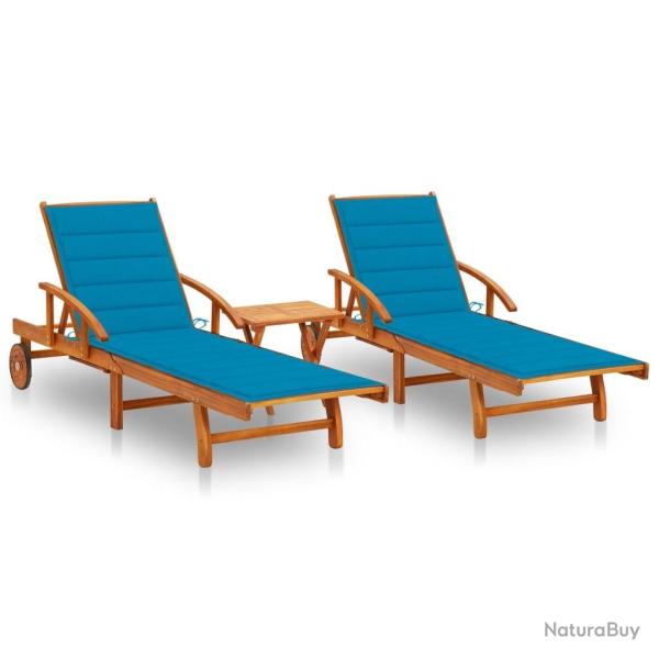 Chaises longues lot de 2 avec table et coussins Acacia solide
