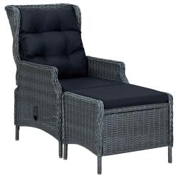 Chaise inclinable de jardin tabouret r&eacute;sine tress&eacute;e gris fonc&eacute;