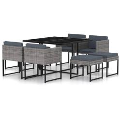 Ensemble &agrave; manger de jardin coussins 9pcs R&eacute;sine tress&eacute;e Gris
