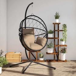 Chaise suspendue en forme d'oeuf et support taupe rotin et acier