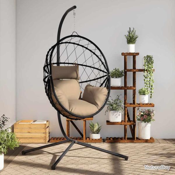 Chaise suspendue en forme d'oeuf et support taupe rotin et acier