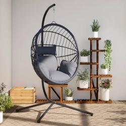 Chaise suspendue en forme d'oeuf et support gris rotin et acier