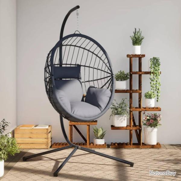 Chaise suspendue en forme d'oeuf et support gris rotin et acier