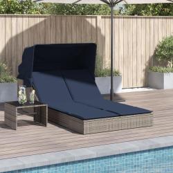 Chaise longue double et auvent et coussins gris r&eacute;sine tress&eacute;e