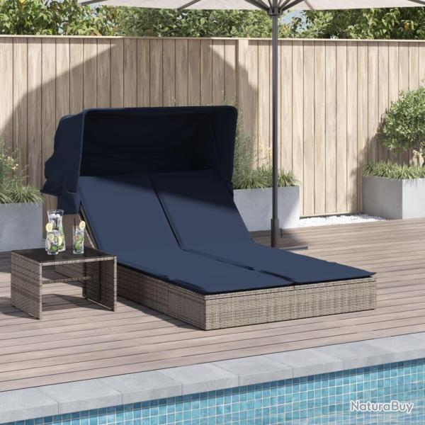Chaise longue double et auvent et coussins gris r�sine tress�e