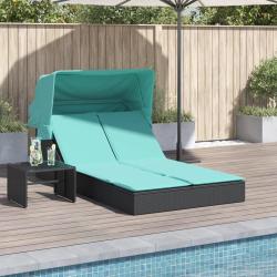 Chaise longue double et auvent et coussins noir r&eacute;sine tress&eacute;e